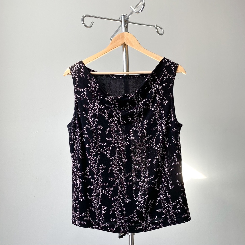 🍂 Cute 90s Black & Pink Glitter Floral Cowl Neck Tank Top